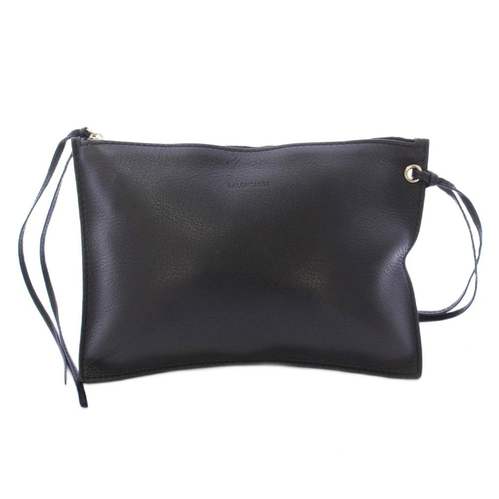 Balenciaga Pouch Clutch Case Compact Leather Embossed One Black